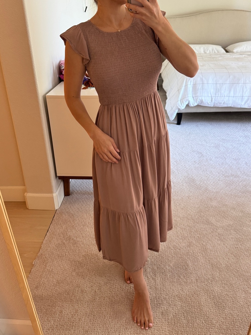 Flutter Short Sleeve Smocked Tiered Midi Dress Brown Small